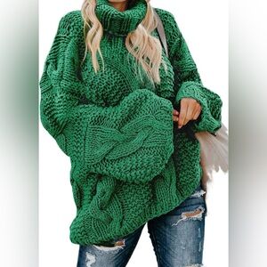 - 🍁Oversized GREEN Chunky Cable Knit Turtleneck Sweater🍁